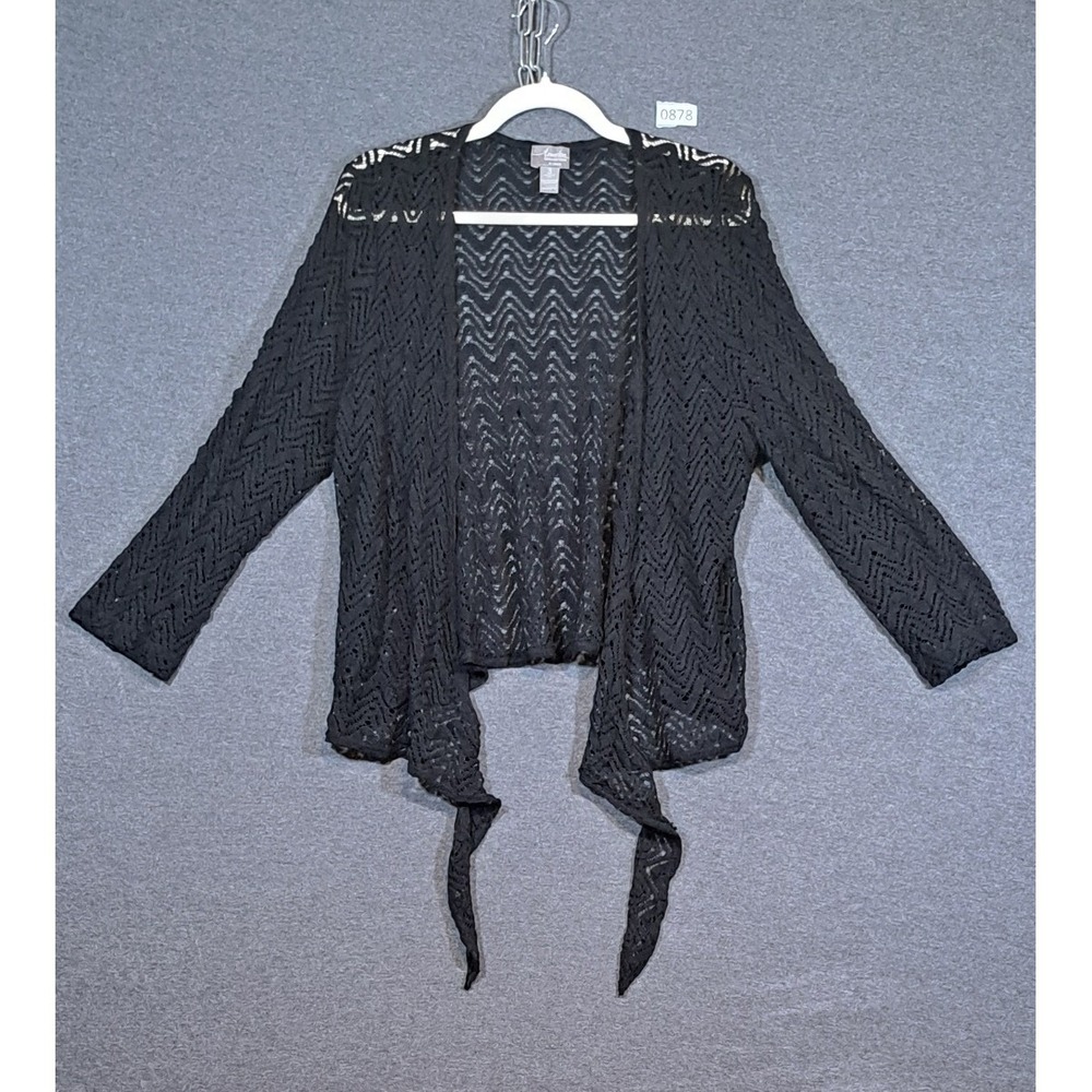 Chico's Travelers Collection Black Chevron Pointelle Tie Front Cardigan Size 3